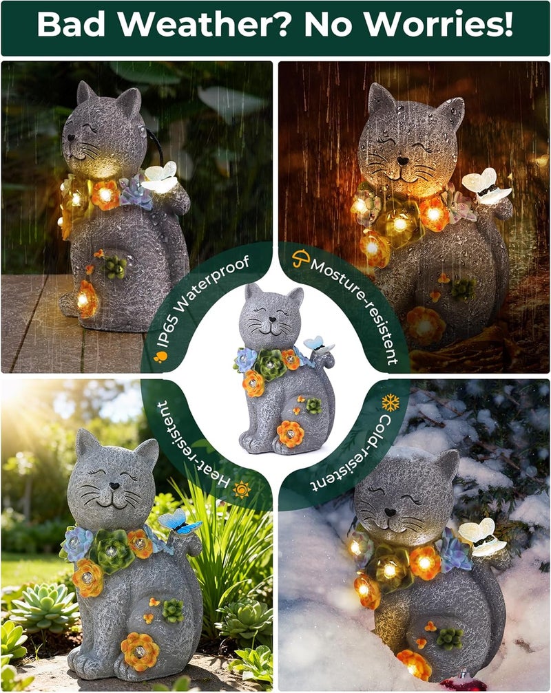 Vuees Solar Garden Statues Outdoor Decor, 6 LED Cat Flowers Butterfly Figurine Lights, Waterproof for Balcony Patio Porch Lawn Yard Ornament Art - Gift Ideas for Housewarming Gardening Grandma Women - Image 3